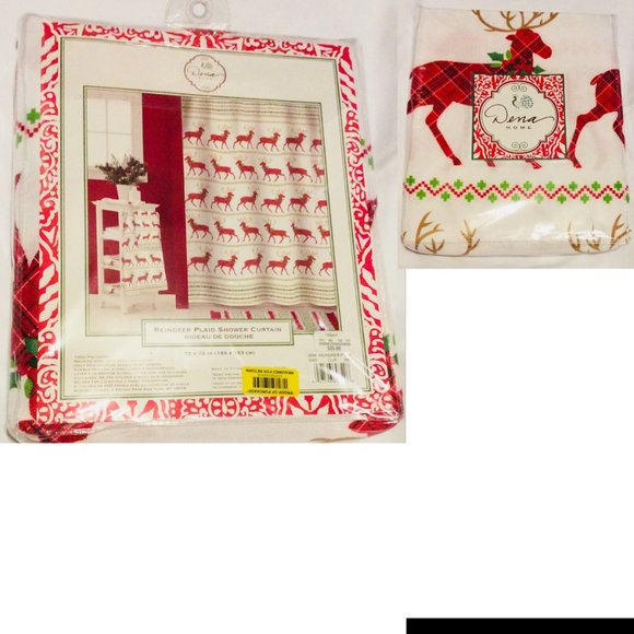 Christmas Fabric Shower Curtain Reindeer Plaid - Picture 2 of 2